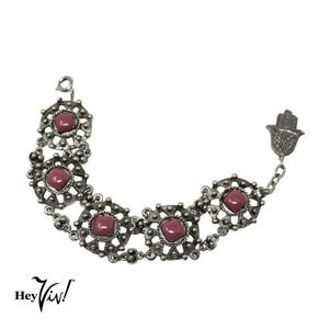 Vintage Souvenir Du Maroc Ornate Silver Bracelet w Square Beads & Hamsa -Hey Viv